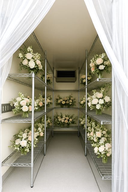 Wedding floral arrangements in refrigerated trailer cold storage for florists and events SW Washington